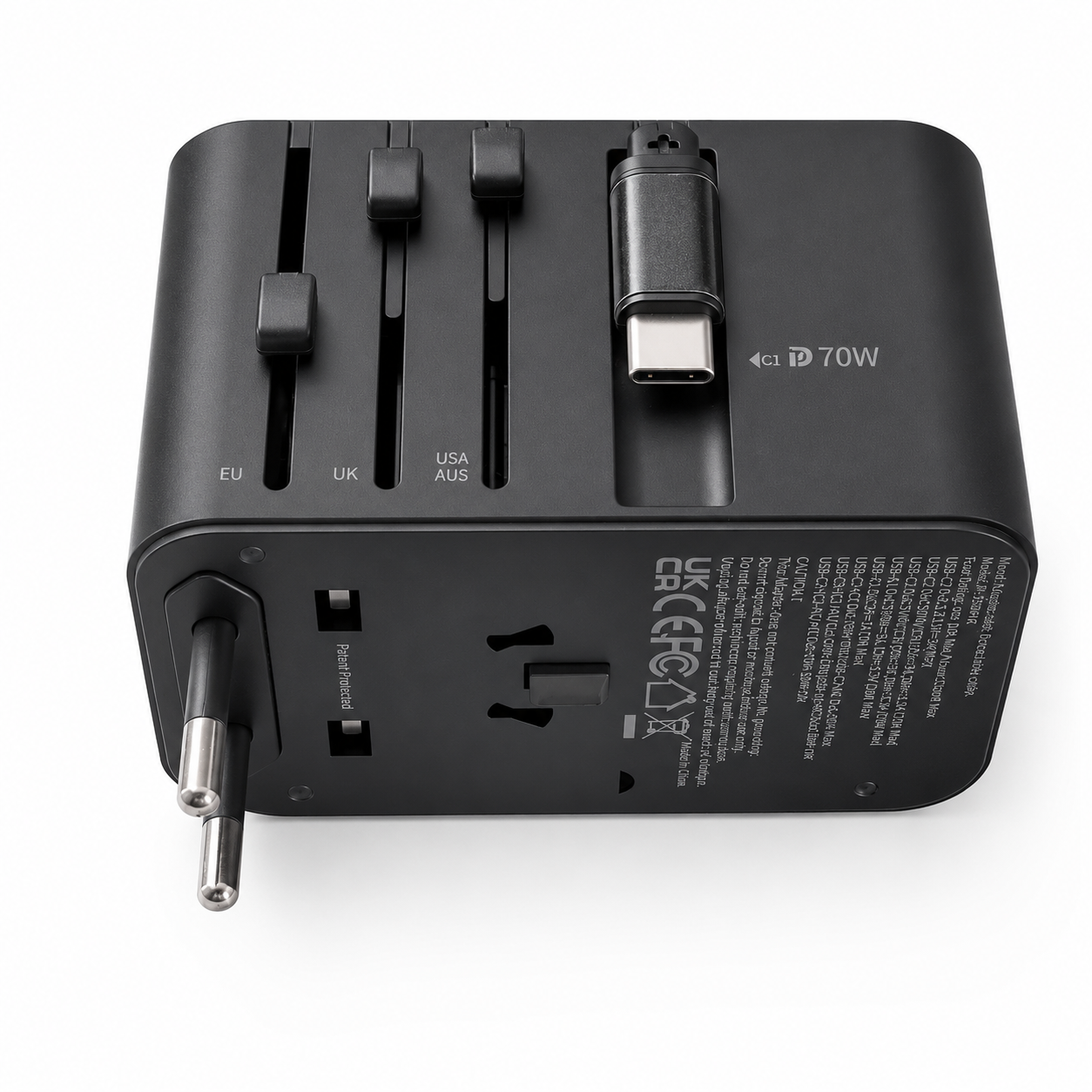 Adaptateur de voyage SANTA BARBARA 70W (noir) avec ports USB-C, 2 USB-A et prise AC universelle.