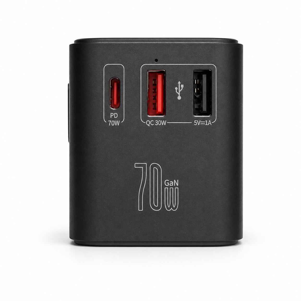 Adaptateur de voyage SANTA BARBARA 70W (noir) avec ports USB-C, 2 USB-A et prise AC universelle.