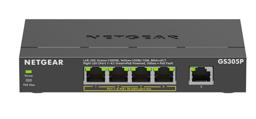Switch NETGEAR 5 ports Gigabit PoE+ GS305EP — vue avant ports — Maroc