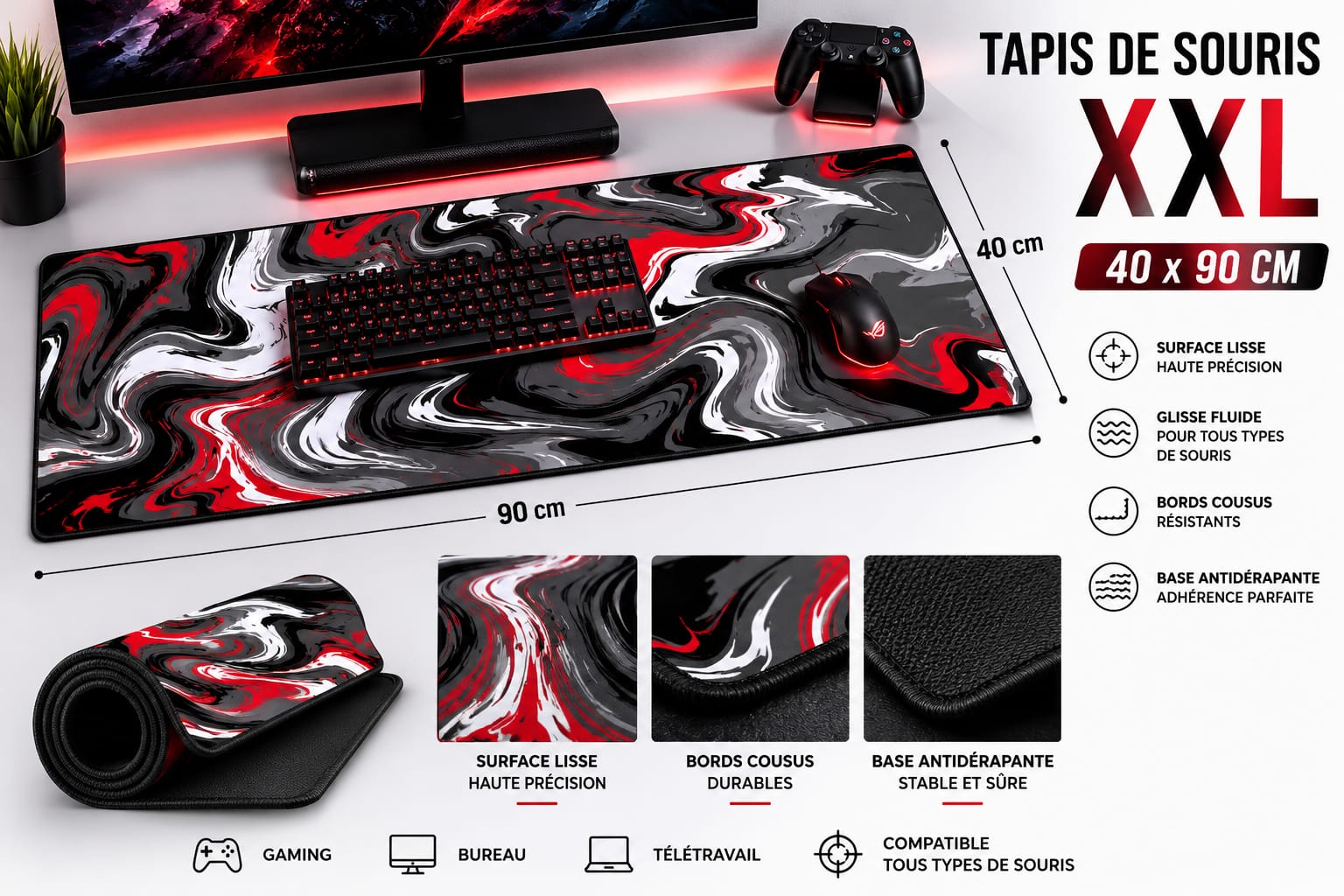 Tapis de Souris XXL 40×90 cm (Noir&Rouge)