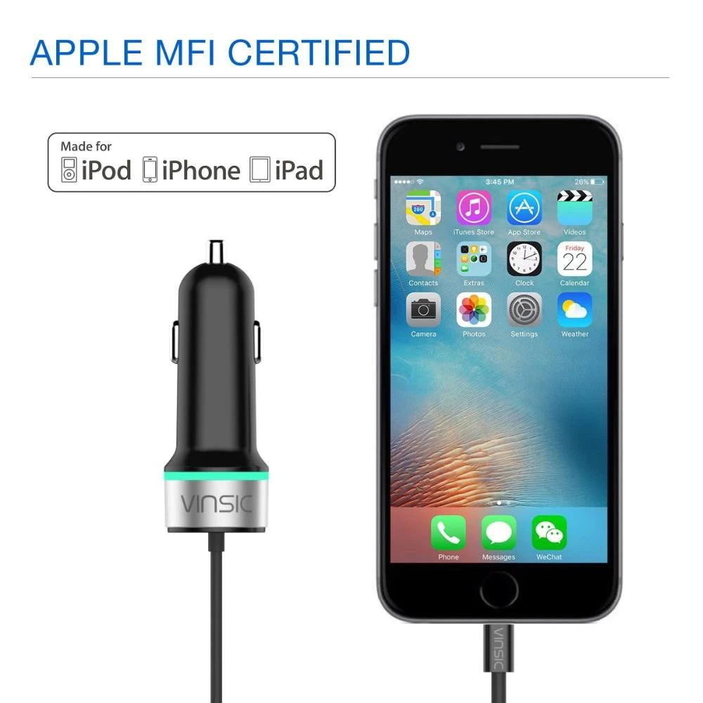 Chargeur Voiture VINSIC VSCC102 + Câble Lightning MFi pour iPhone, iPad et iPod