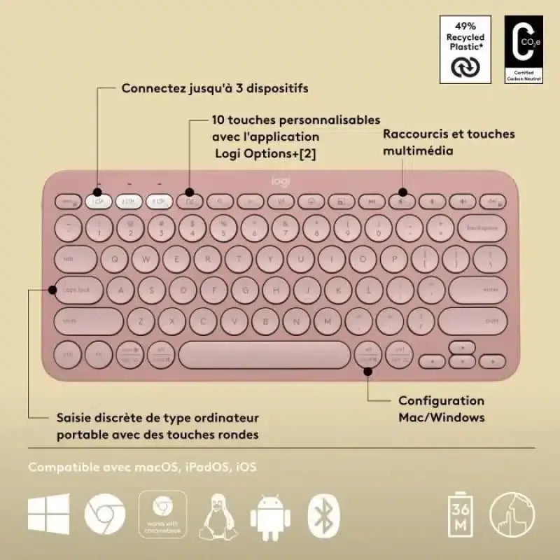 Clavier sans fil Bluetooth Logitech Pebble Keys 2 K380s Mini–Rose — vue 2 — Connecto.ma
