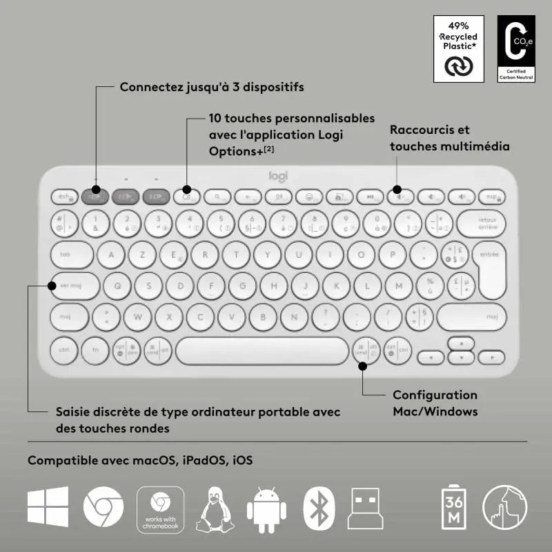 Logitech Pebble 2 Combo–Clavier Souris Sans Fil Bluetooth–Blanc — vue 3 — Connecto.ma