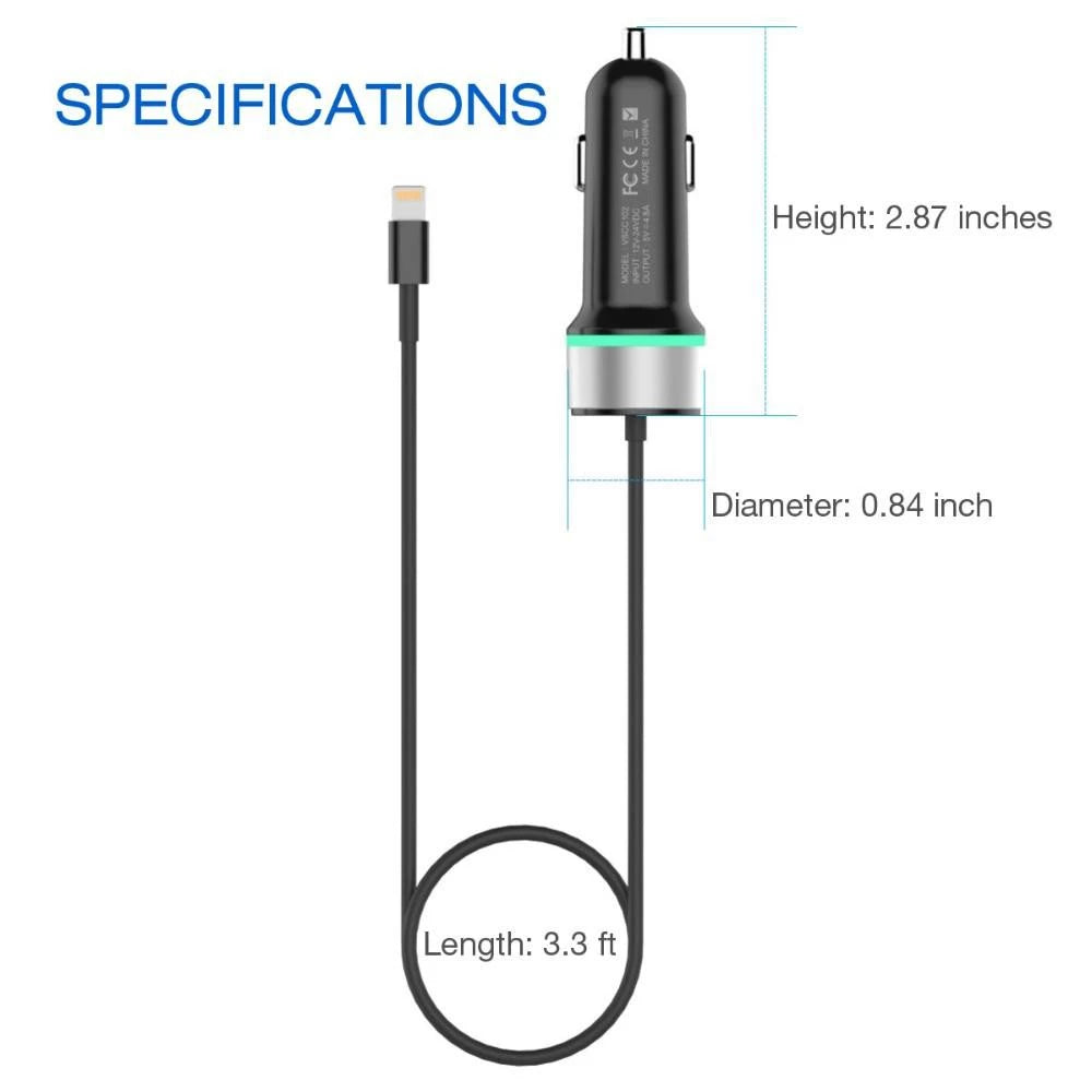 Chargeur Voiture VINSIC VSCC102 + Câble Lightning MFi pour iPhone, iPad et iPod
