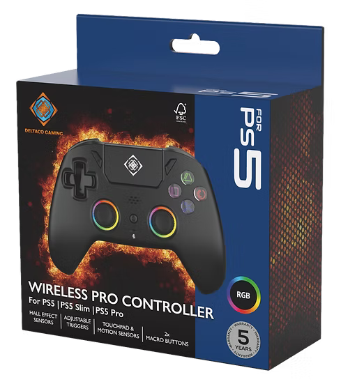 Manette Deltaco Gaming Pro RGB sans fil pour PS5 avec Joysticks Hall Effect