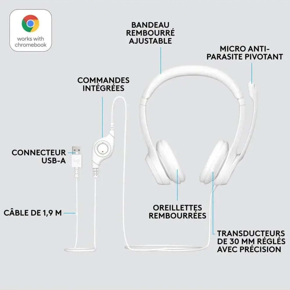Logitech H390 avec microphone anti-parasite – USB Blanc — vue 4 — Connecto.ma