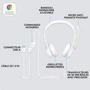 Logitech H390 avec microphone anti-parasite – USB Blanc — vue 4 — Connecto.ma