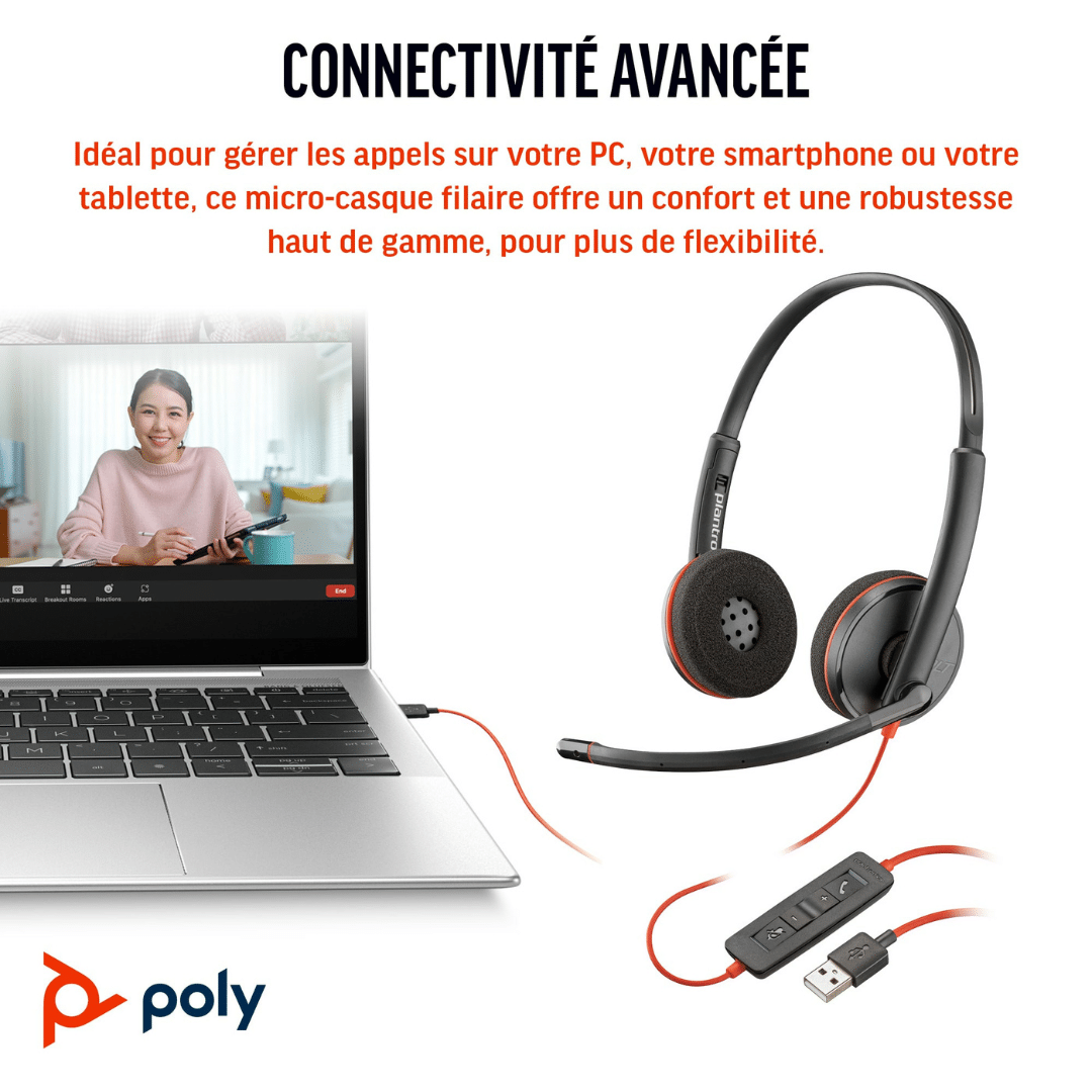 Micro Casque Poly Blackwire 3220 Stereo Usb C Adaptateur Usb C A 8X228Aa — Connecto au Maroc | Connecto.ma