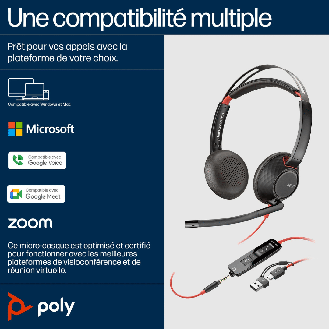 Micro Casque Poly Blackwire 5220 Stereo Usb C Connexion 35 Mm Adaptateur Usb C A 8X231Aa — Connecto au Maroc | Connecto.ma