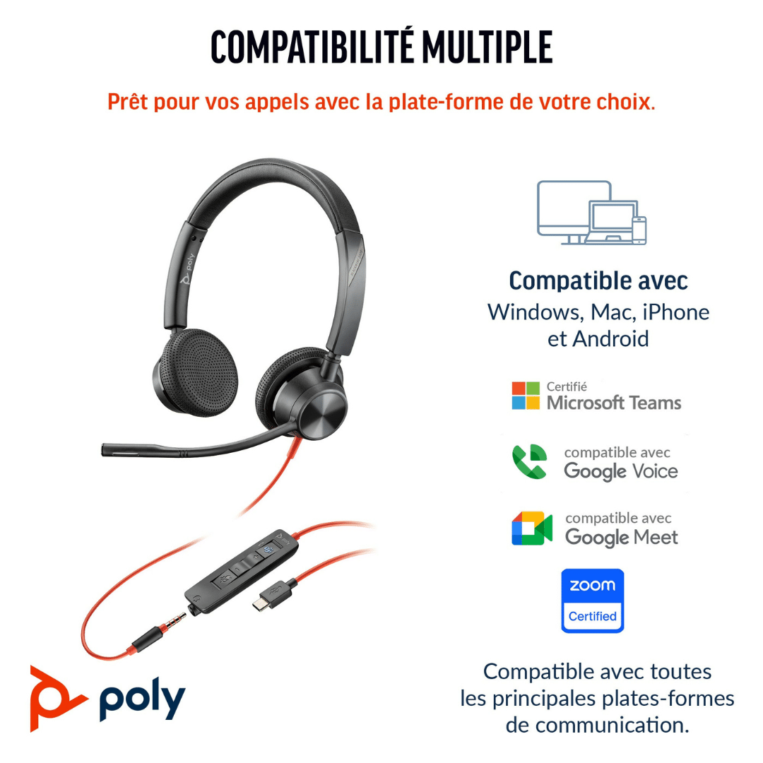 Micro Casque Poly Blackwire 3325 Stereo Usb C Connexion 35 Mm Adaptateur Usb C A 8X221Aa — Connecto au Maroc | Connecto.ma