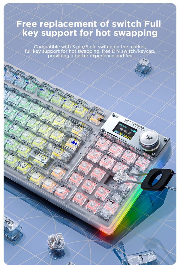 Clavier Mécanique Sans Fil AULA F98 Pro – Tri-mode (2.4G/Bluetooth/USB-C), Switchs Hot-Swap, RGB, 98 Touches – Image 2