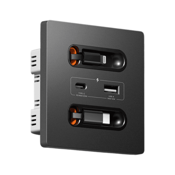 Prise Murale Universelle avec Port USB-C 20W – Charge Rapide, Câble Télescopique Intégré, Panneau Électrique pour PC, Smartphone et Tablette