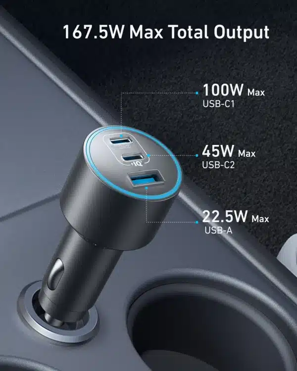Chargeur Allume-Cigare Anker Nano 167,5W – 3 Ports USB-C & USB-A – Image 2