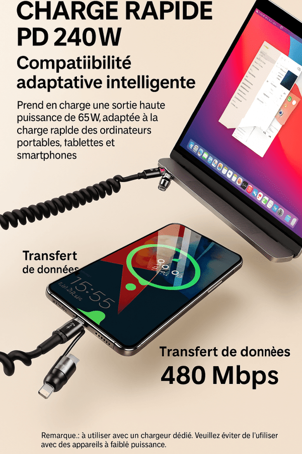 Câble de Charge Spirale 4-en-1 – 240W PD, 27W iPhone, Connecteurs USB/Type-C/Lightning – Image 4