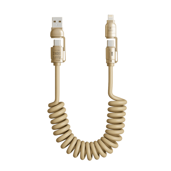 Câble de Charge Spirale 4-en-1 – 240W PD, 27W iPhone, Connecteurs USB/Type-C/Lightning