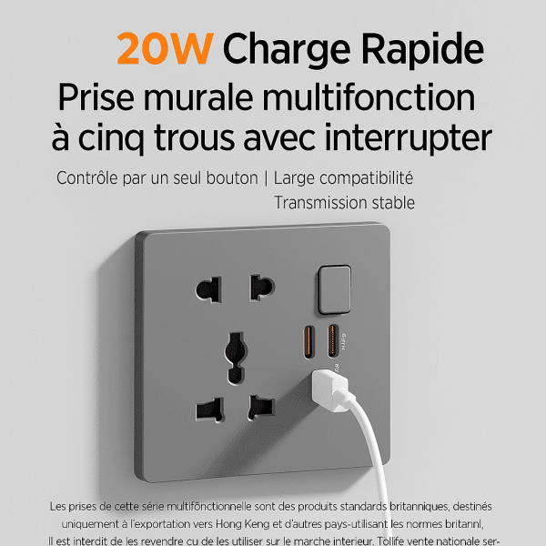 Prise Murale Multifonction 20W avec Charge Rapide et Ports USB-C/USB-A – Image 3