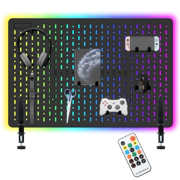 Pegboard Murale LED 56,5*37,5 cm – Organisation Polyvalente pour Maison, Bureau et Gaming (Noir)