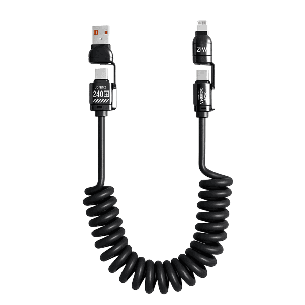 Câble de Charge Spirale 4-en-1 – 240W PD, 27W iPhone, Connecteurs USB/Type-C/Lightning (Noir)